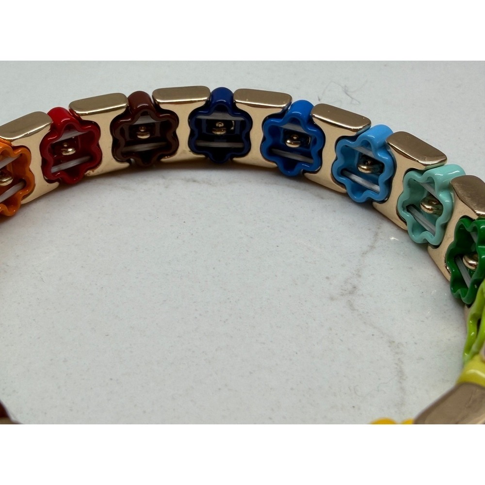 Multicolor Enamel Daisy Flower Gold Tone Stretch Bracelet Retro Floral Kidcore - Picture 3 of 8